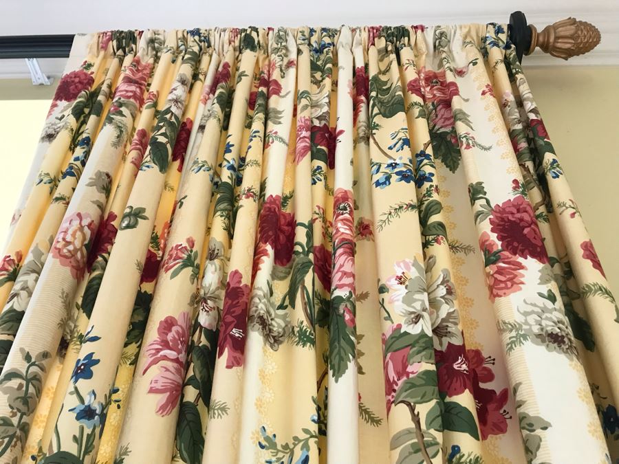 Pair Of Brunschwig And Fils Fabric Decorative Side Curtains (Framing Two Bay Windows) With (2) Decorative Wooden Curtain Rods And (4) Large Tassels [Photo 4]