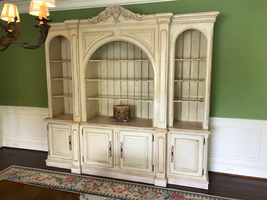 JUST ADDED - Large Two Piece Wooden Bookcase China Cabinet With Glass Shelves And Overhead Lighting Featured In Magazines 9'W X 8.5'H X 26'D - MORE ITEMS ADDED TO END OF SALE [Photo 2]