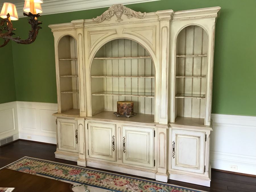 JUST ADDED - Large Two Piece Wooden Bookcase China Cabinet With Glass Shelves And Overhead Lighting Featured In Magazines 9'W X 8.5'H X 26'D - MORE ITEMS ADDED TO END OF SALE