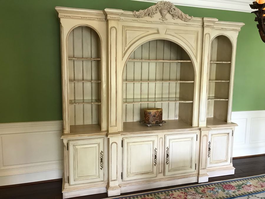 JUST ADDED - Large Two Piece Wooden Bookcase China Cabinet With Glass Shelves And Overhead Lighting Featured In Magazines 9'W X 8.5'H X 26'D - MORE ITEMS ADDED TO END OF SALE [Photo 3]