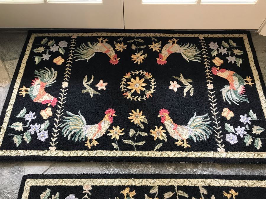 Pair Of Wool Hooked Rugs Floor Mats With Rooster Motif [Photo 3]