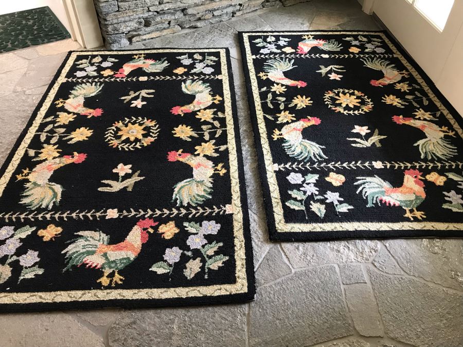 Pair Of Wool Hooked Rugs Floor Mats With Rooster Motif [Photo 6]