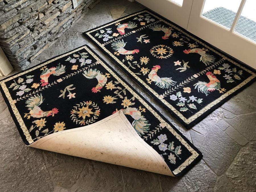 Pair Of Wool Hooked Rugs Floor Mats With Rooster Motif