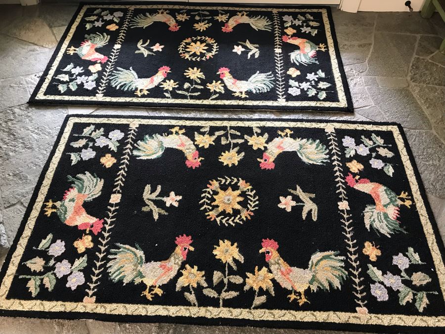 Pair Of Wool Hooked Rugs Floor Mats With Rooster Motif [Photo 4]