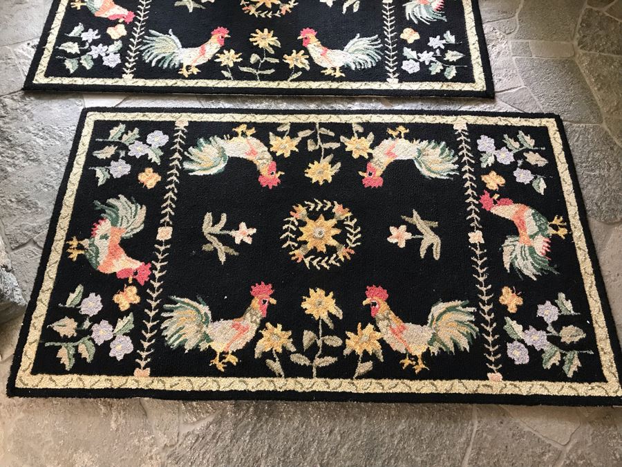 Pair Of Wool Hooked Rugs Floor Mats With Rooster Motif