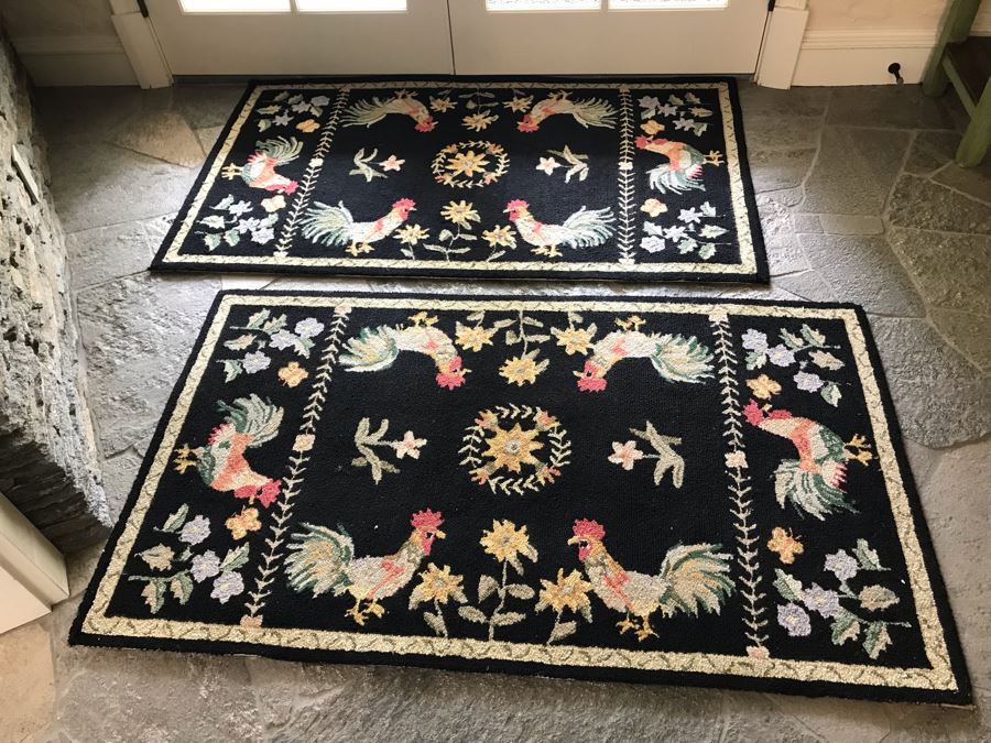 Pair Of Wool Hooked Rugs Floor Mats With Rooster Motif