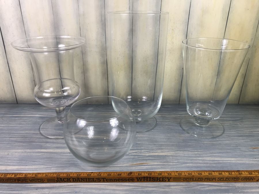 Set Of (3) Footed Clear Glass Vases And Glass Bowl
