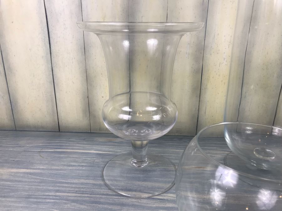 Set Of (3) Footed Clear Glass Vases And Glass Bowl [Photo 3]