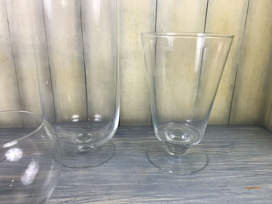 Set Of (3) Footed Clear Glass Vases And Glass Bowl [Photo 6]