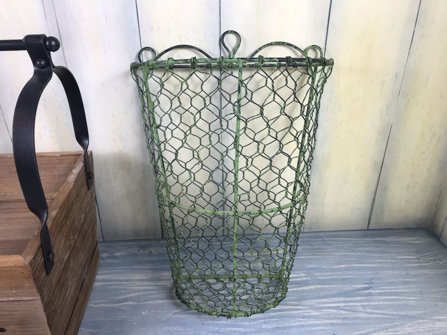 Rustic Wooden And Metal Magazine Rack Basket And Wire Wall Flower Basket [Photo 5]