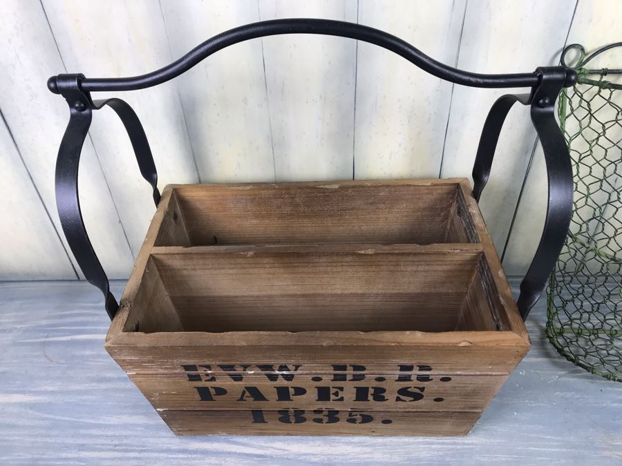 Rustic Wooden And Metal Magazine Rack Basket And Wire Wall Flower Basket [Photo 4]