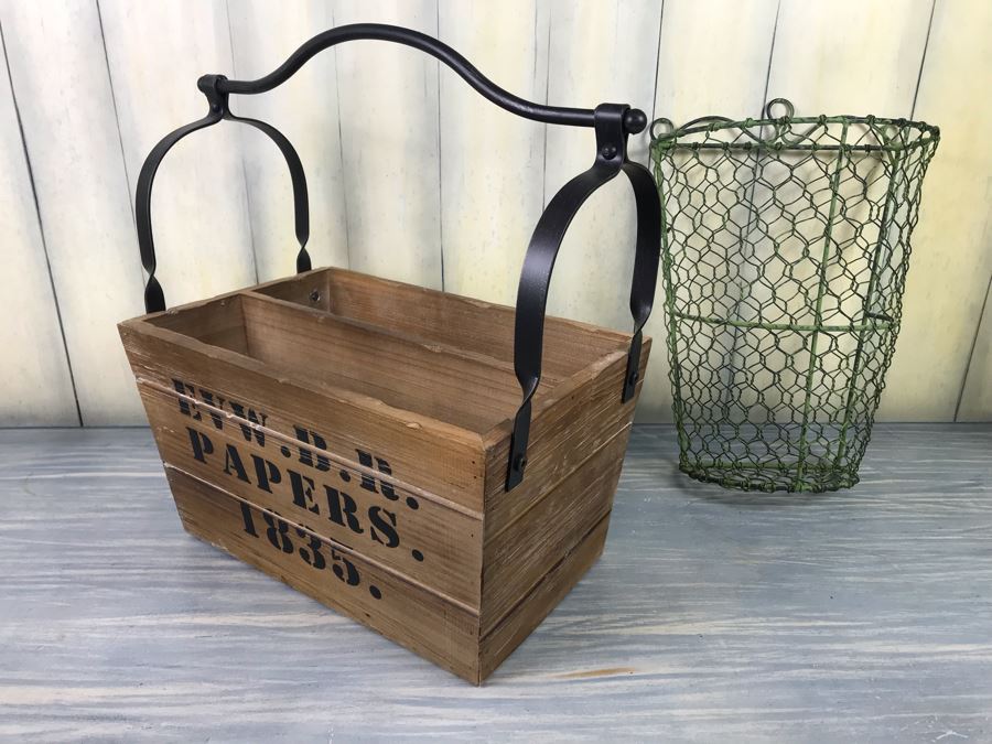 Rustic Wooden And Metal Magazine Rack Basket And Wire Wall Flower Basket [Photo 7]