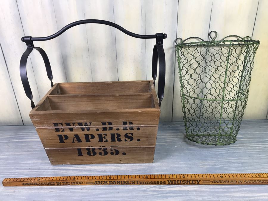 Rustic Wooden And Metal Magazine Rack Basket And Wire Wall Flower Basket [Photo 2]