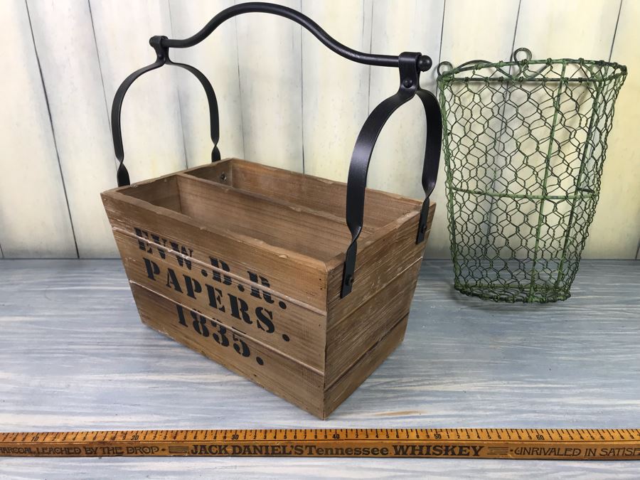 Rustic Wooden And Metal Magazine Rack Basket And Wire Wall Flower Basket