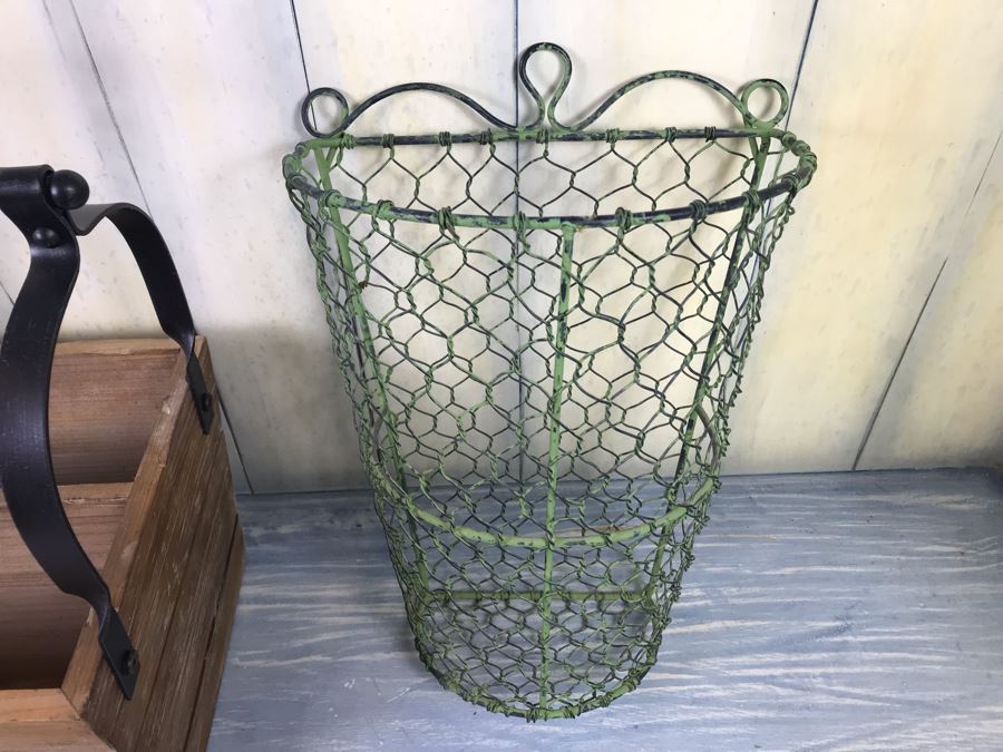 Rustic Wooden And Metal Magazine Rack Basket And Wire Wall Flower Basket [Photo 6]