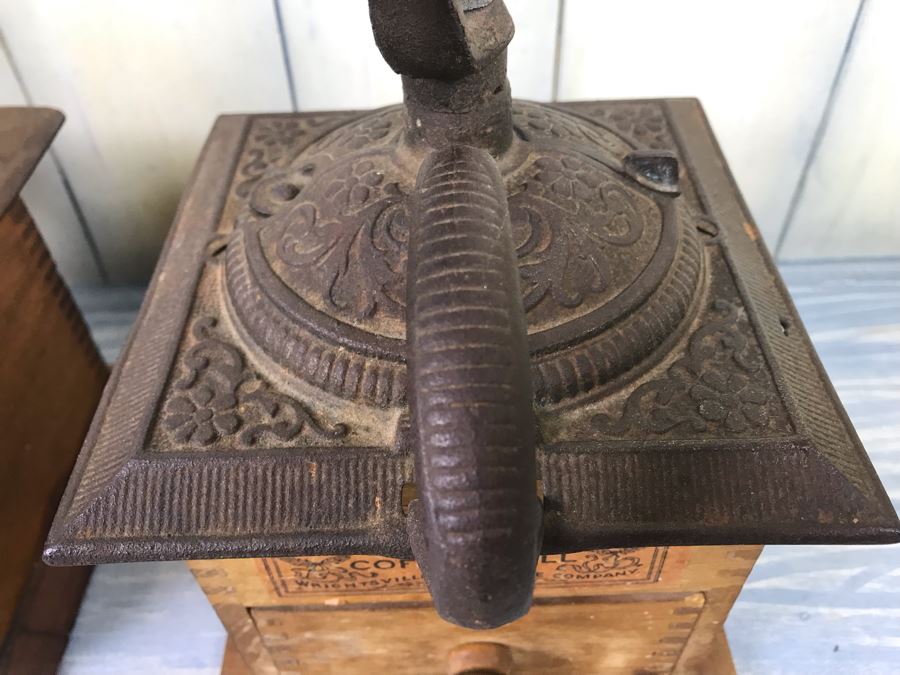 Pair Of Antique Coffee Pepper Grinders Hand Crank Cast Iron And Wood Colonial Coffee Mill No 1707 One With Faux Mouse [Photo 3]