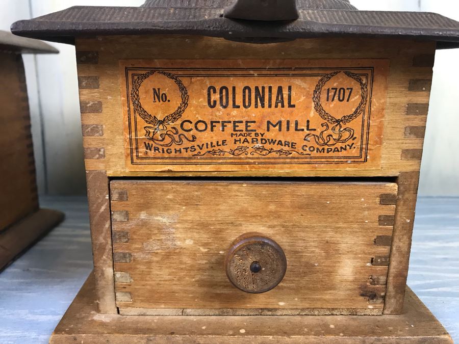 Pair Of Antique Coffee Pepper Grinders Hand Crank Cast Iron And Wood Colonial Coffee Mill No 1707 One With Faux Mouse [Photo 5]