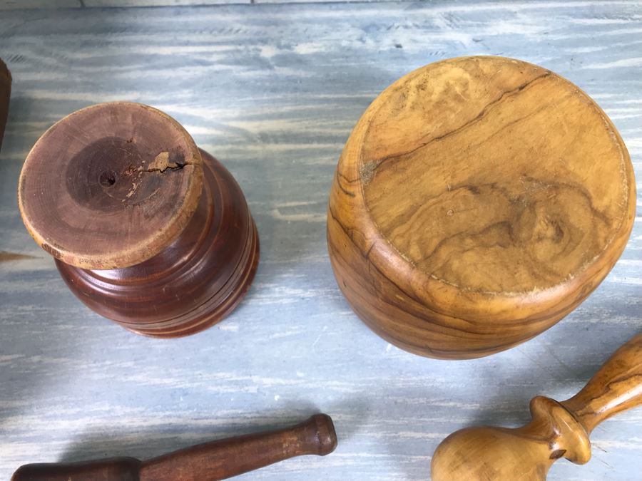 Pair Of Turned Wooden Mortars & Pestles And Antique Wooden Star Egg Carrier Tray [Photo 14]