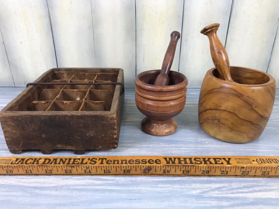 Pair Of Turned Wooden Mortars & Pestles And Antique Wooden Star Egg Carrier Tray