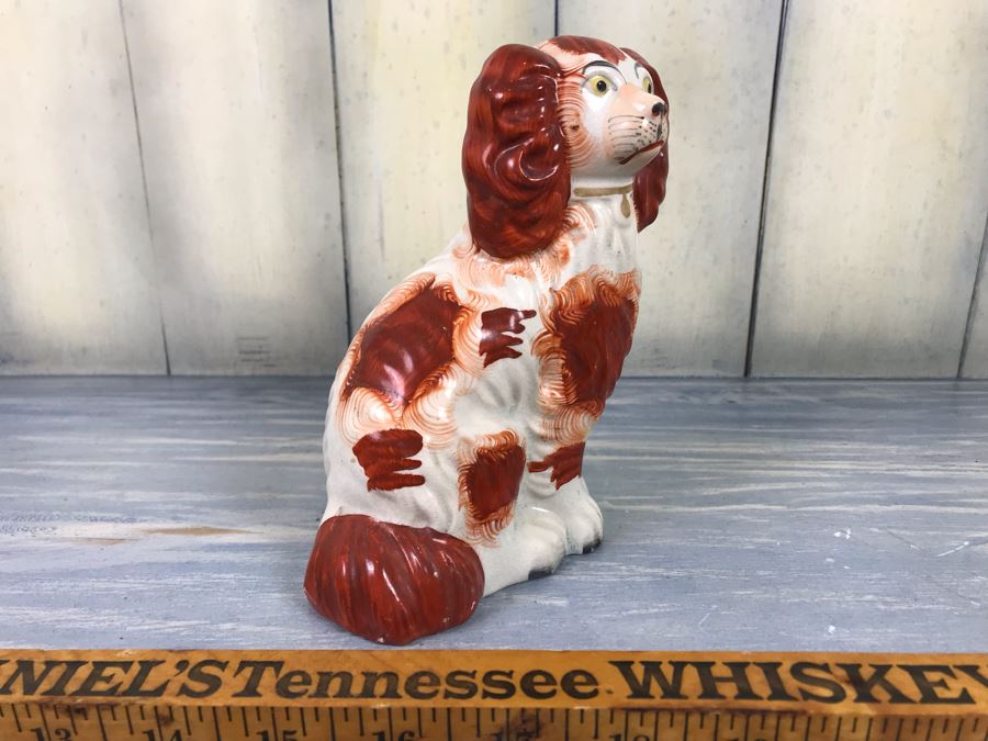JUST ADDED - Antique English Staffordshire Spaniel Dog Sculpture Figurine Hand Painted With Member Of British Antique Dealer Sticker From Andrew Dando Of Bath England Validating Authenticity [Photo 4]
