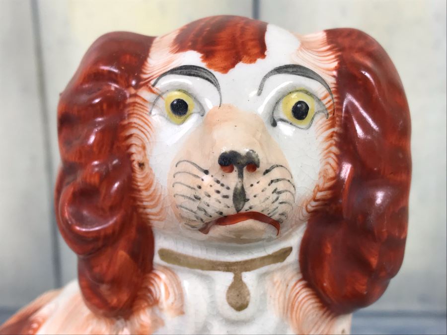 JUST ADDED - Antique English Staffordshire Spaniel Dog Sculpture Figurine Hand Painted With Member Of British Antique Dealer Sticker From Andrew Dando Of Bath England Validating Authenticity [Photo 3]