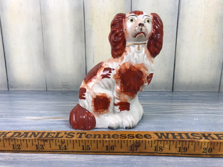 JUST ADDED - Antique English Staffordshire Spaniel Dog Sculpture Figurine Hand Painted With Member Of British Antique Dealer Sticker From Andrew Dando Of Bath England Validating Authenticity