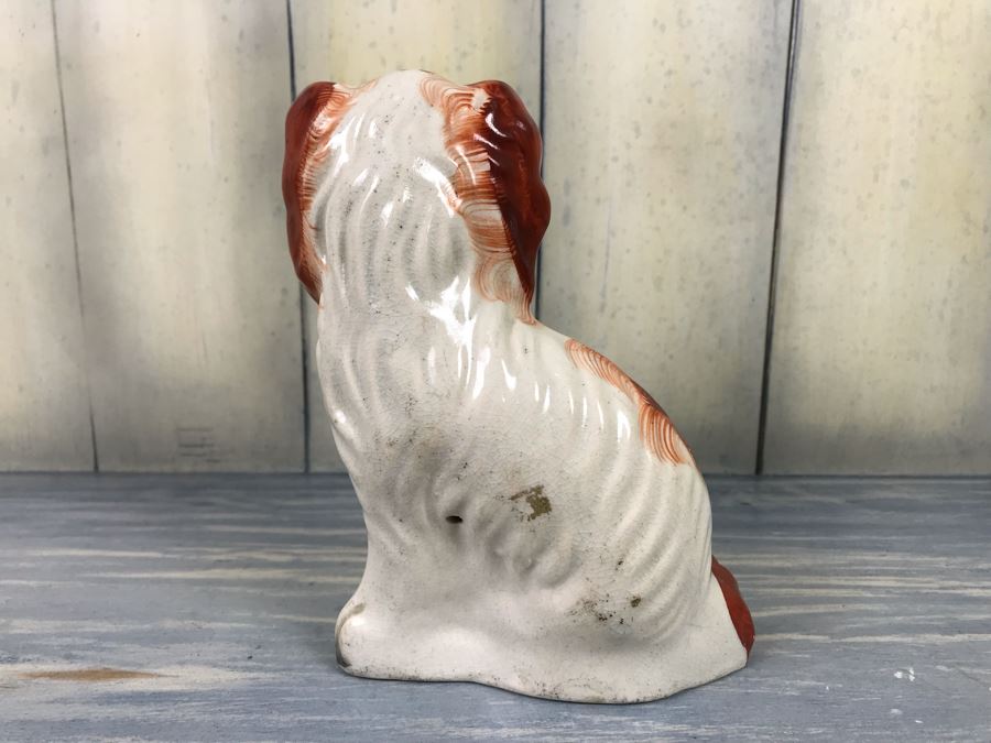 JUST ADDED - Antique English Staffordshire Spaniel Dog Sculpture Figurine Hand Painted With Member Of British Antique Dealer Sticker From Andrew Dando Of Bath England Validating Authenticity [Photo 5]