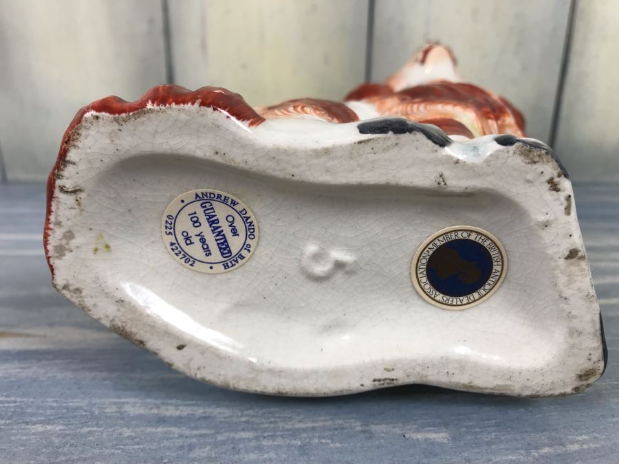 JUST ADDED - Antique English Staffordshire Spaniel Dog Sculpture Figurine Hand Painted With Member Of British Antique Dealer Sticker From Andrew Dando Of Bath England Validating Authenticity [Photo 7]