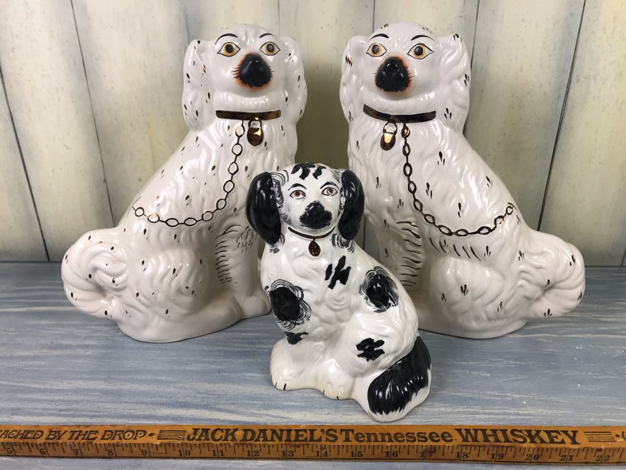 Collection Of (3) Vintage REPRODUCTION English Staffordshire Spaniel Dog Sculptures Figurines Hand Painted