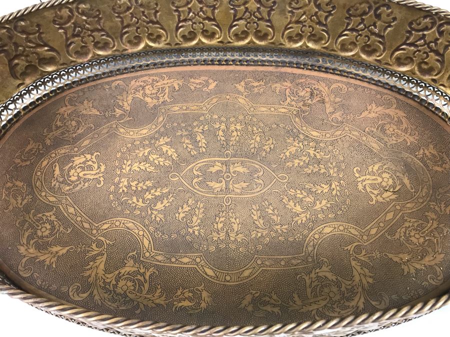 Large Embossed Brass Handled Serving Tray By Castilian Made In India 28'L X 16'W [Photo 3]