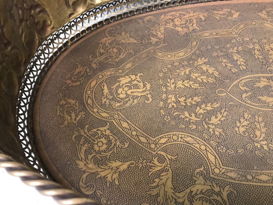 Large Embossed Brass Handled Serving Tray By Castilian Made In India 28'L X 16'W [Photo 6]