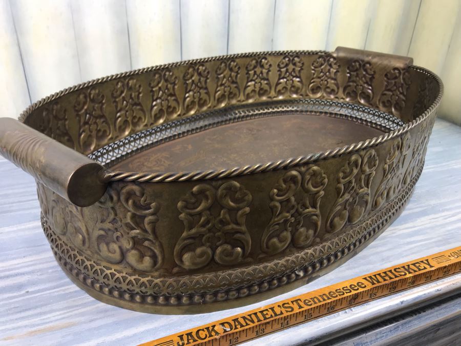 Large Embossed Brass Handled Serving Tray By Castilian Made In India 28'L X 16'W [Photo 10]