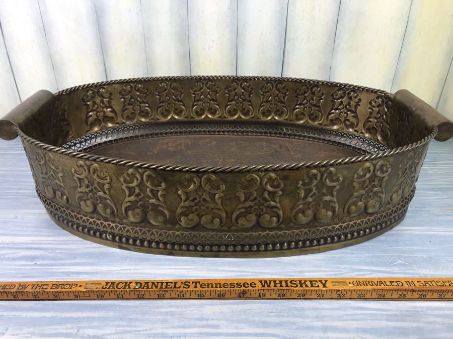 Large Embossed Brass Handled Serving Tray By Castilian Made In India 28'L X 16'W [Photo 2]