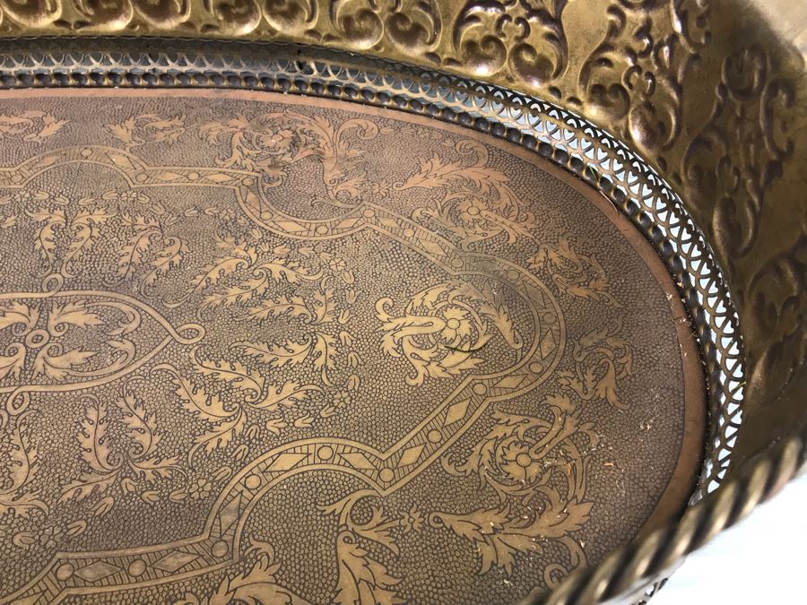 Large Embossed Brass Handled Serving Tray By Castilian Made In India 28'L X 16'W [Photo 7]