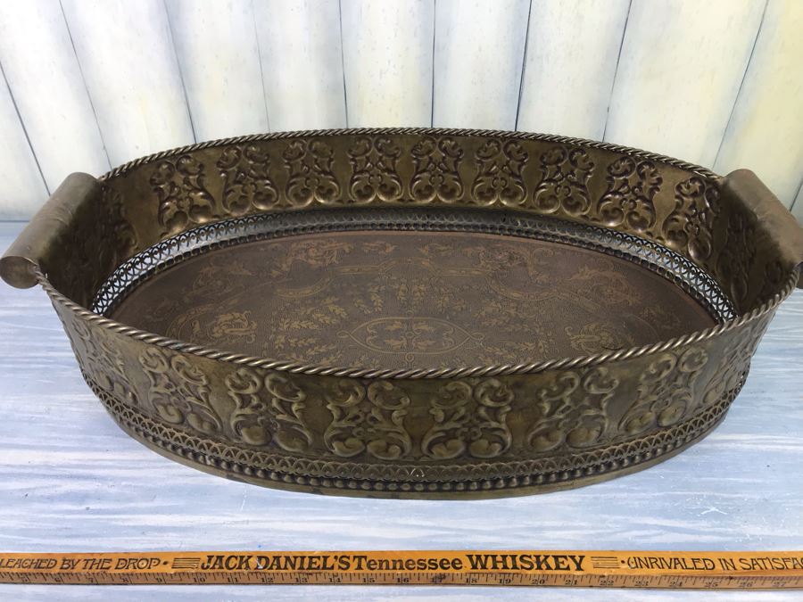 Large Embossed Brass Handled Serving Tray By Castilian Made In India 28'L X 16'W