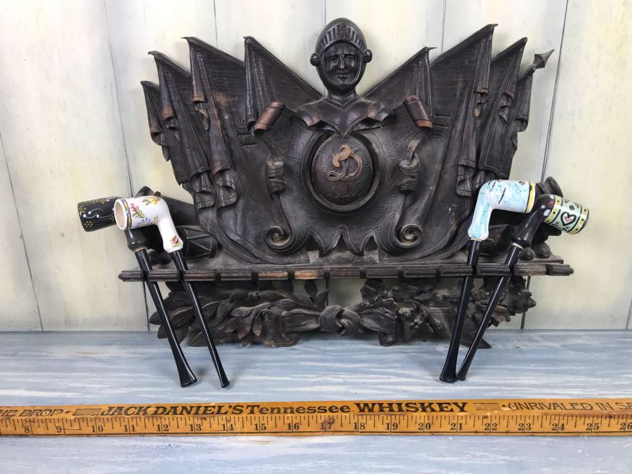 Antique French Intricately Carved Wooden Wall Pipe Stand With (4) Hand Painted French Pipes [Photo 2]