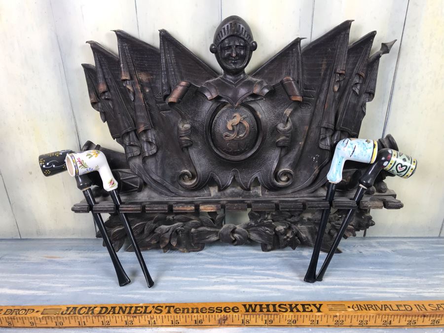 Antique French Intricately Carved Wooden Wall Pipe Stand With (4) Hand Painted French Pipes [Photo 3]