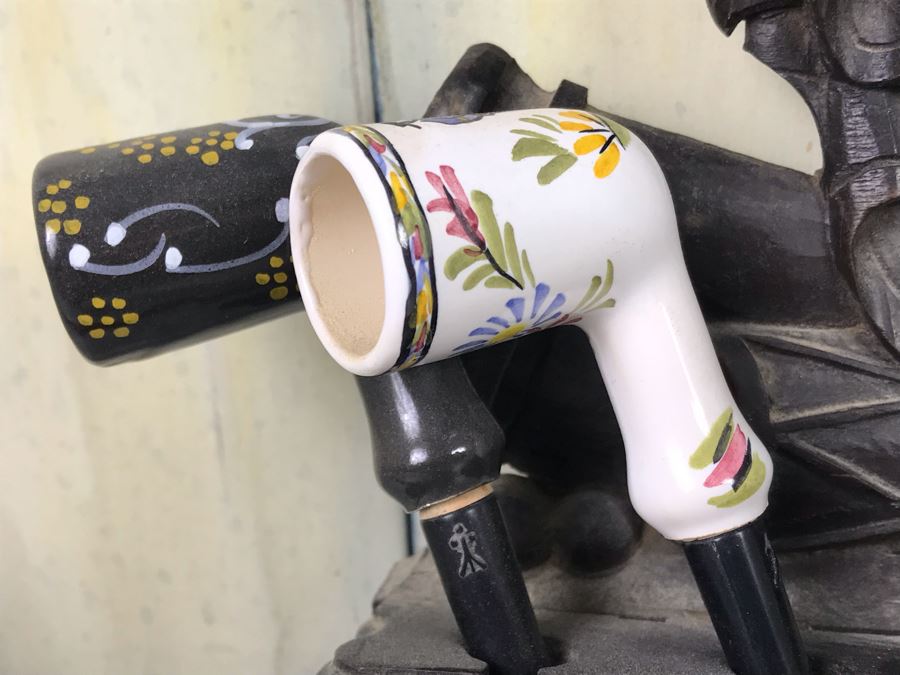 Antique French Intricately Carved Wooden Wall Pipe Stand With (4) Hand Painted French Pipes [Photo 14]