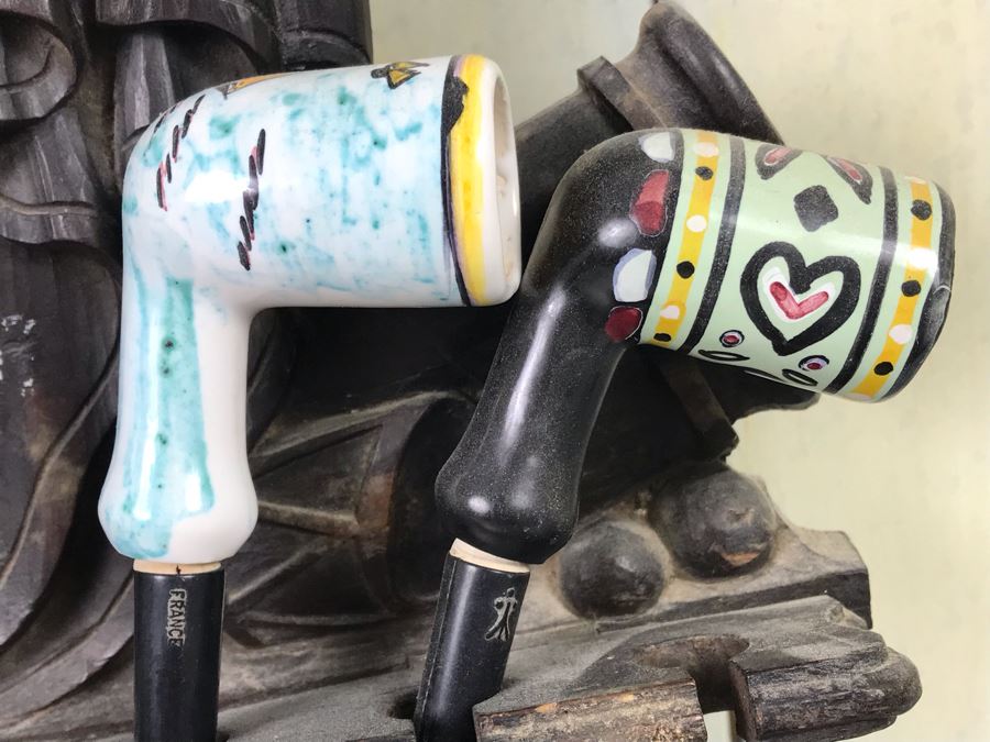 Antique French Intricately Carved Wooden Wall Pipe Stand With (4) Hand Painted French Pipes [Photo 11]