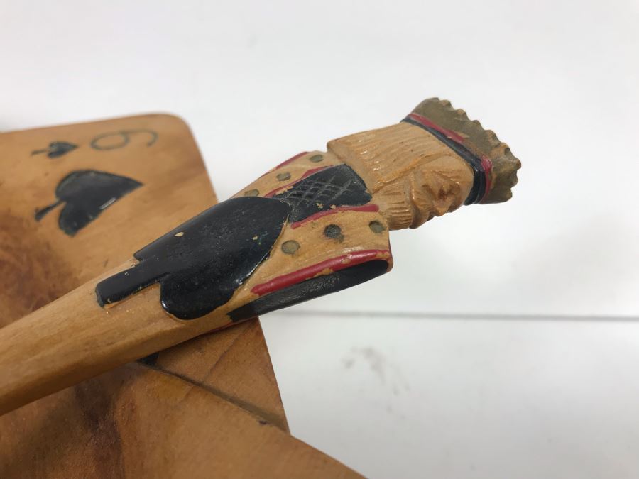 Carved Wooden Playing Cards Themed Salad Bowl Set With (4) Carved Wooden Trays [Photo 8]