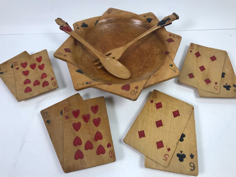 Carved Wooden Playing Cards Themed Salad Bowl Set With (4) Carved Wooden Trays [Photo 2]