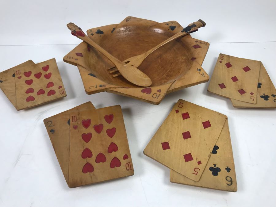 Carved Wooden Playing Cards Themed Salad Bowl Set With (4) Carved Wooden Trays