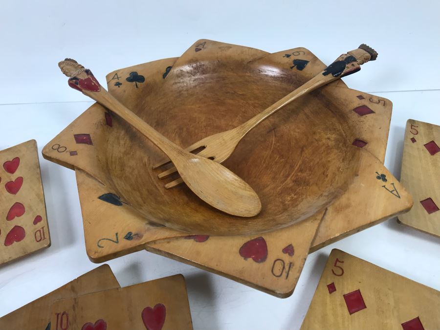 Carved Wooden Playing Cards Themed Salad Bowl Set With (4) Carved Wooden Trays [Photo 4]