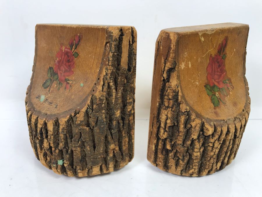 Pair Of Antique 1904 Wooden Tree Bookends With Inscription On Back Of One [Photo 2]