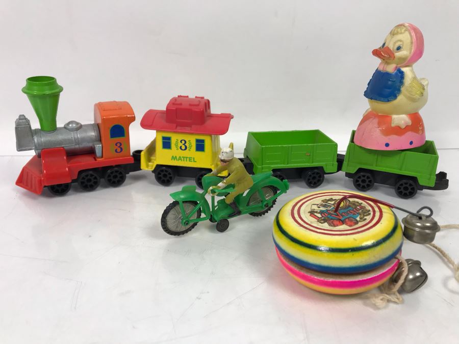 Vintage 1980 Mattel First Wheels Train Toy, Wooden Las Vegas Advertising Yo-Yo, Plastic Motorcyle And Duck