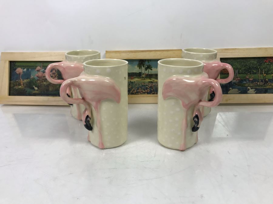 (4) Vintage 1978 Flamingo Ceramic Cups Signed Drell And (3) Framed Vintage Flamingo Postcards [Photo 2]