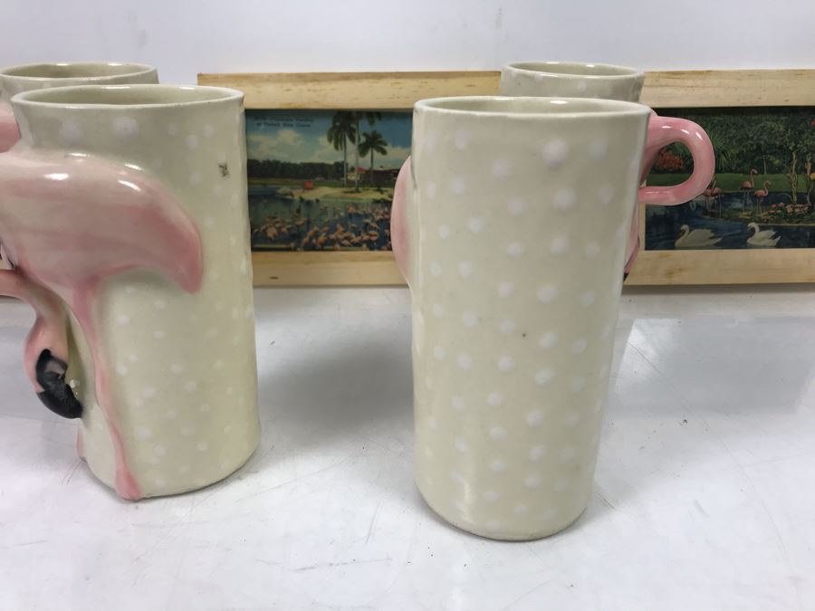 (4) Vintage 1978 Flamingo Ceramic Cups Signed Drell And (3) Framed Vintage Flamingo Postcards [Photo 4]
