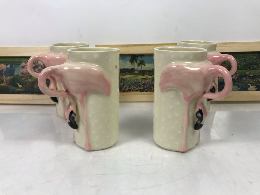 (4) Vintage 1978 Flamingo Ceramic Cups Signed Drell And (3) Framed Vintage Flamingo Postcards
