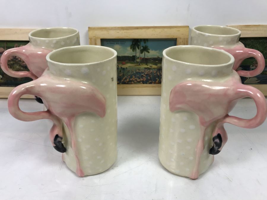 (4) Vintage 1978 Flamingo Ceramic Cups Signed Drell And (3) Framed Vintage Flamingo Postcards [Photo 3]