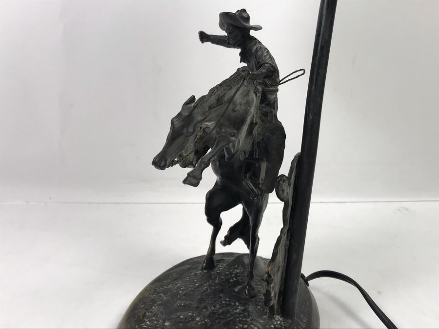 Frederic Remington Bronze Table Lamp With Colored Glass Shade [Photo 15]